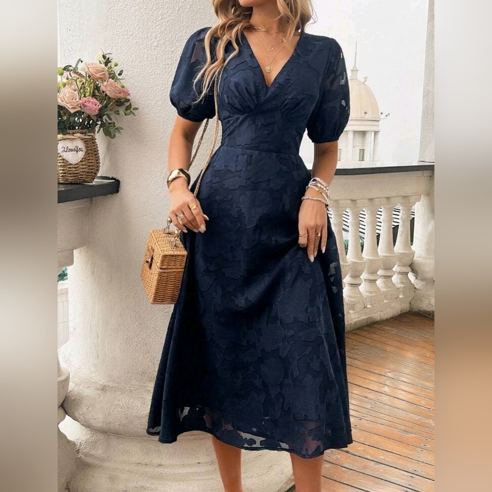 * New Chic Sheer Textured Lace Puffed Sleeve Midi Dress Navy Blue